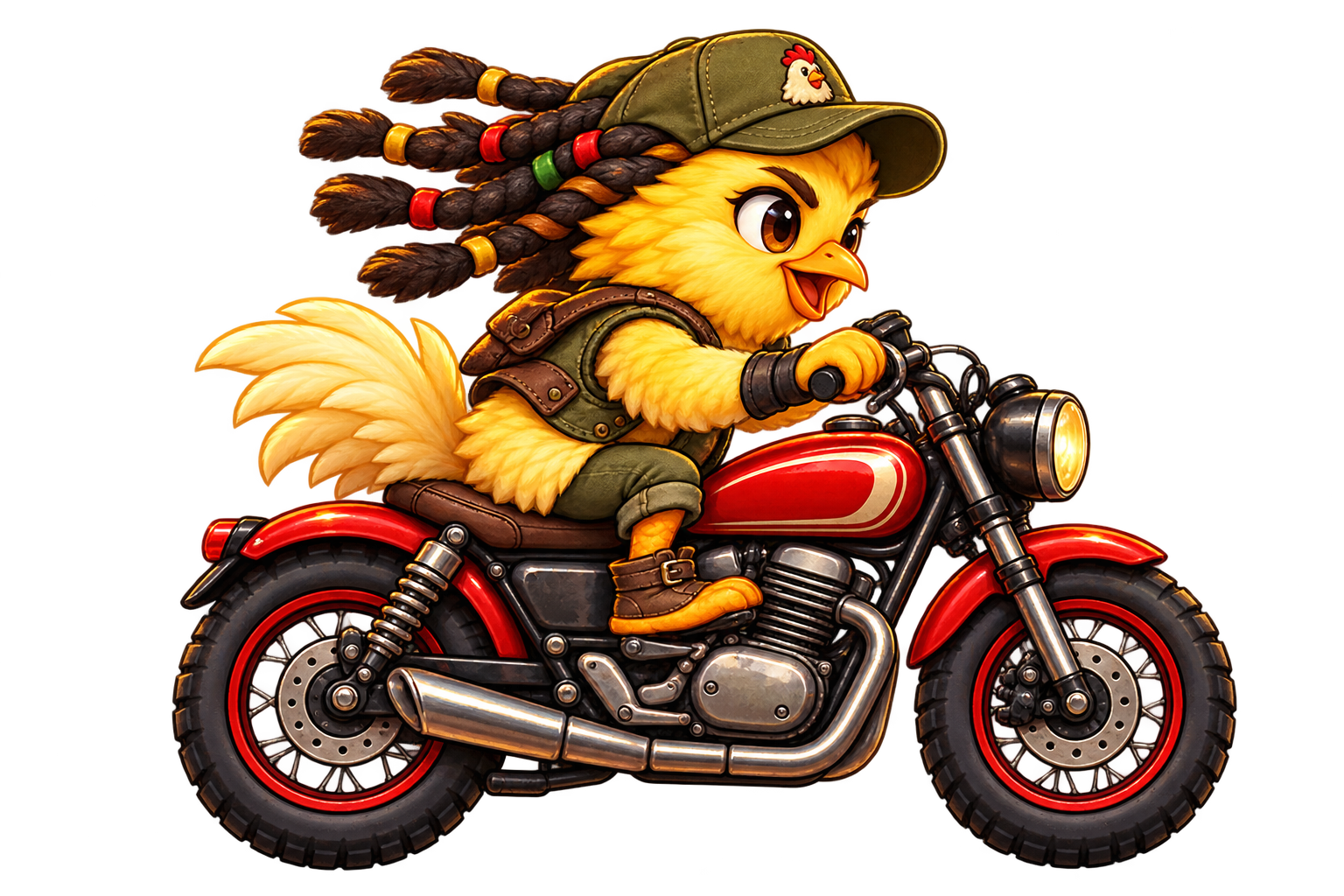 Braided CHIGGA chicken on a red motorcycle