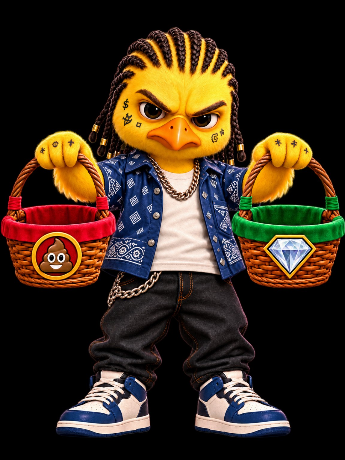CHIGGA holding the shitcoin and gem baskets